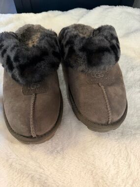 UGG Gray Suede Shearling Cuff Slip-Ons